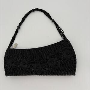 Vintage Black Seed Bead Flower Handbag No Label 90s Baguette Shoulder Bag